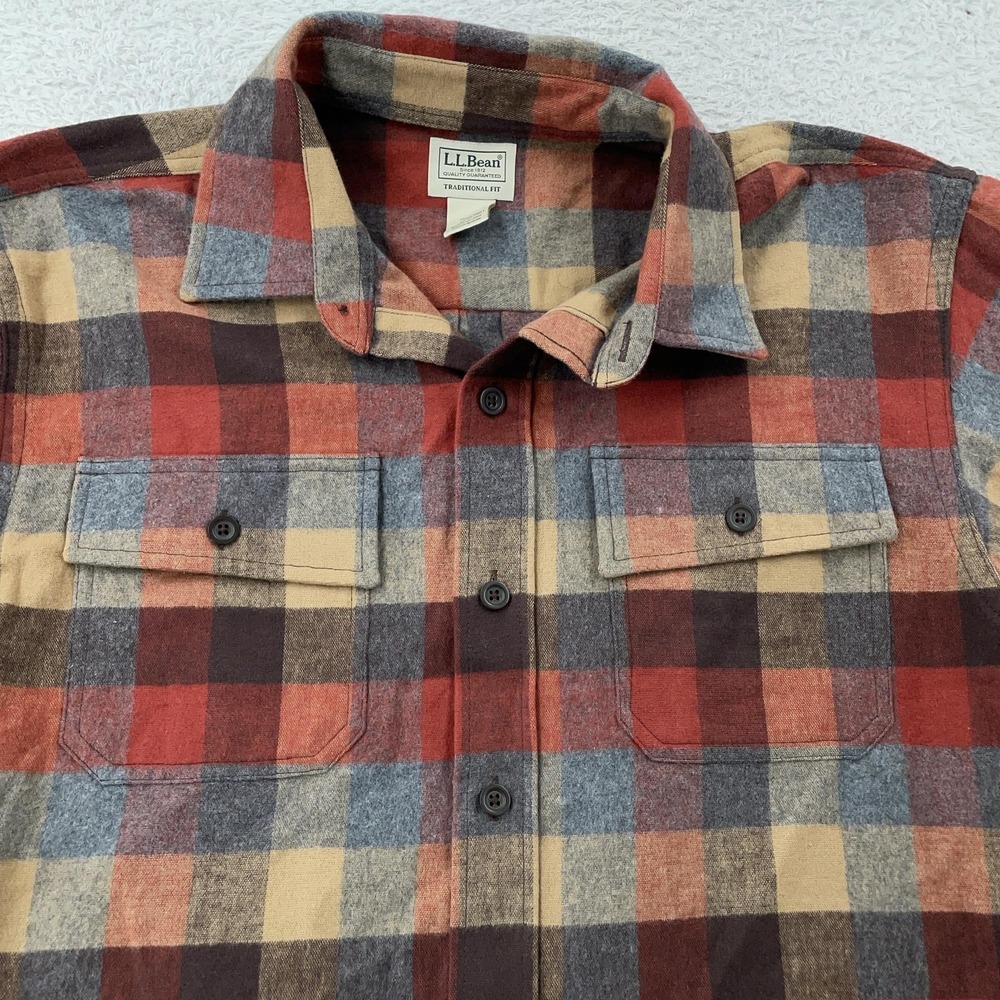 L.L.Bean Flannel Shirt‎ Mens Large Red Gray Tan Plaid Traditional Fit Cotton